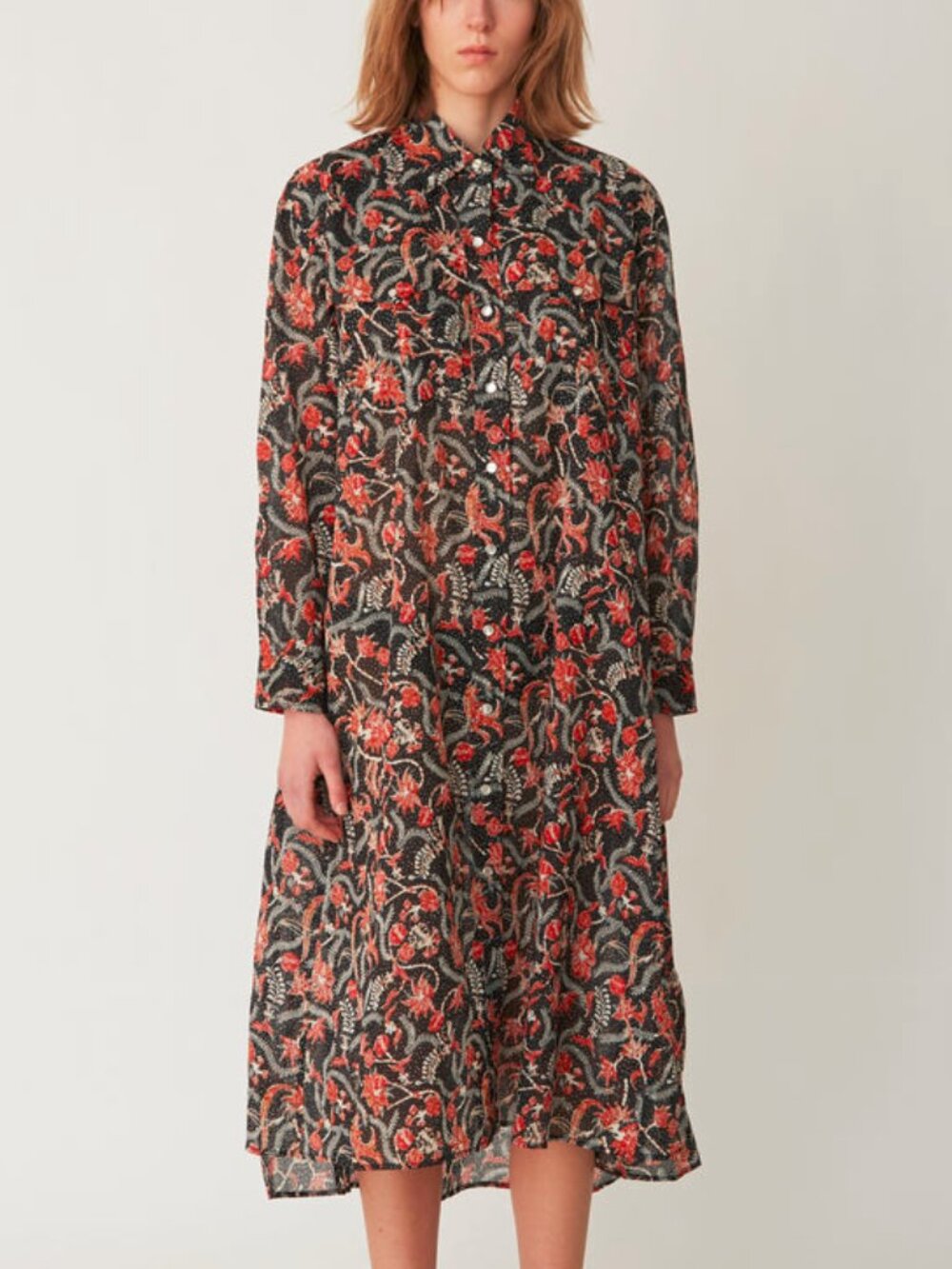 Isabel Marant Etoile Eliane Black Floral Cotton Voile Shirt Dress